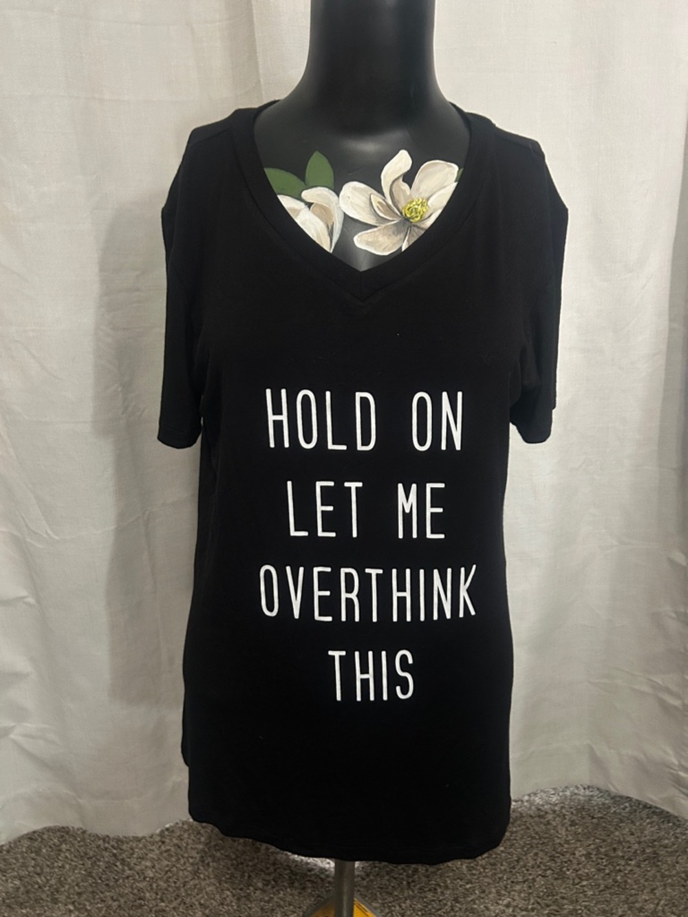 Black V-Neck Graphic Tee - Hold On Let Me Overthink This